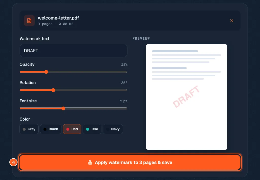 The orange Apply watermark to 3 pages and save button circled with the number 4.
