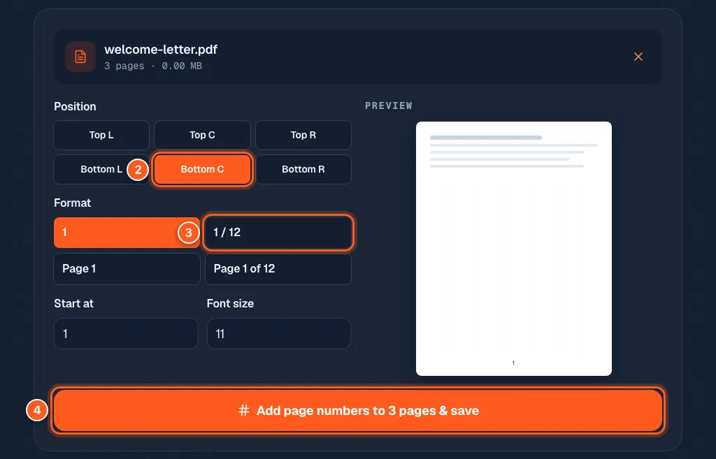 The page numbers tool with six position buttons, four format buttons, a live preview and a save button, marked with numbers 2 to 4.