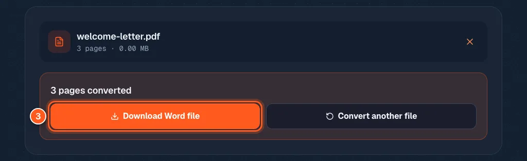 The result box saying 3 pages converted, with the Download Word file button circled and the number 3.
