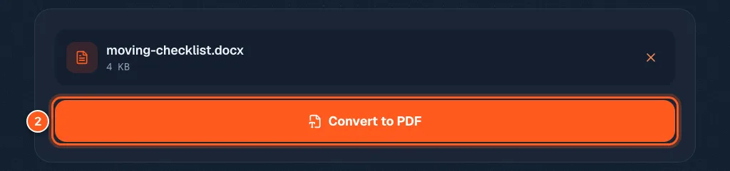 A file named moving-checklist.docx added and the orange Convert to PDF button with the number 2.