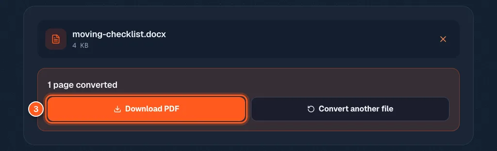 The result box saying 1 page converted with the Download PDF button circled and the number 3.