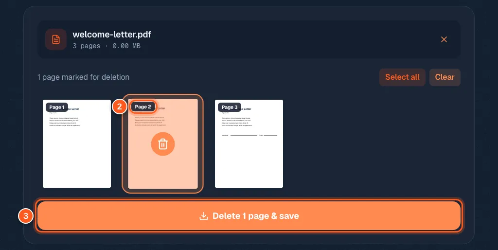 Three page thumbnails with page 2 marked for deletion and a Delete 1 page and save button, with numbers 2 and 3.