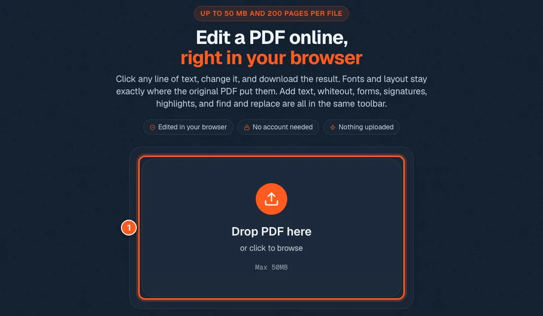 The FileHook editor start page with the drop box circled and the number 1.