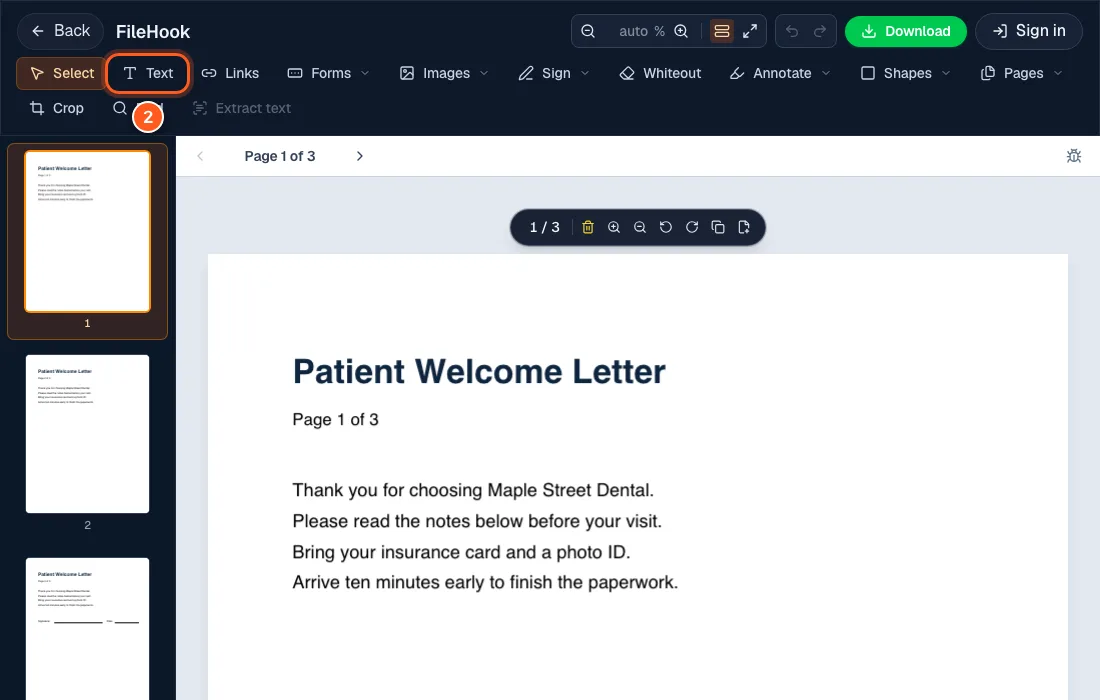The editor with a three page letter open and the Text button in the toolbar circled with the number 2.