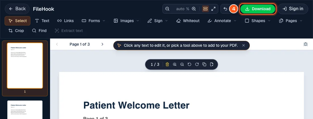 The green Download button at the top right of the editor, circled with the number 4.