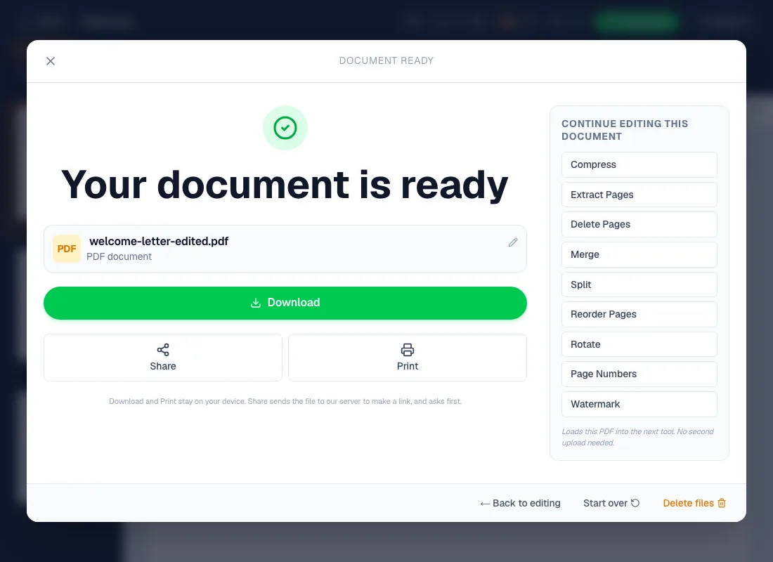 The Your document is ready box with a green Download button, Share and Print buttons, and a list of other tools.