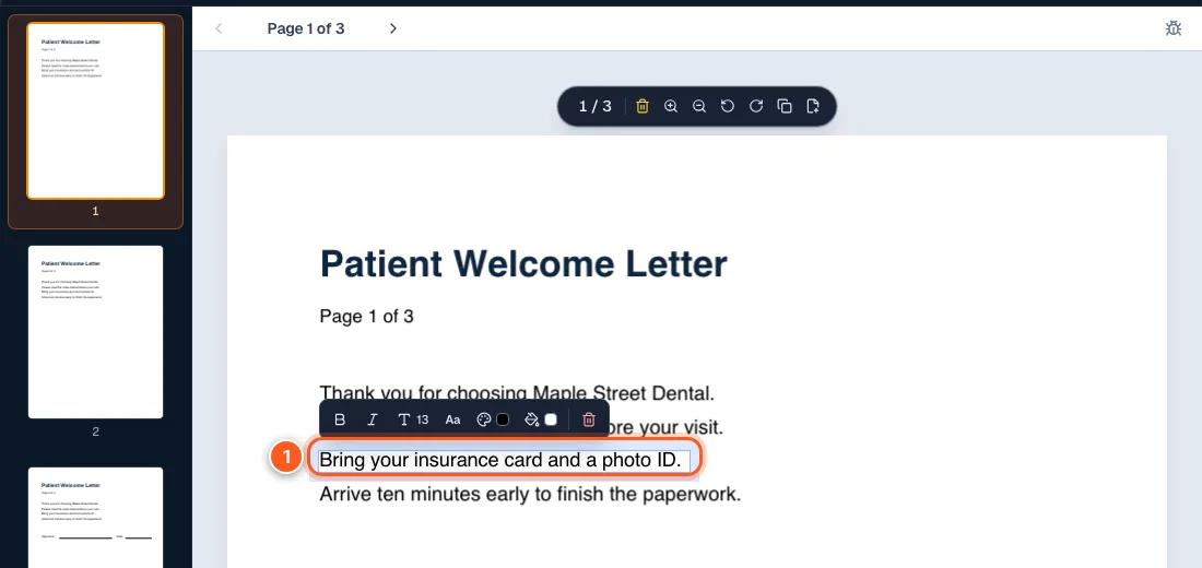 A line of text in a letter selected in the editor, with a formatting bar above it and the number 1.