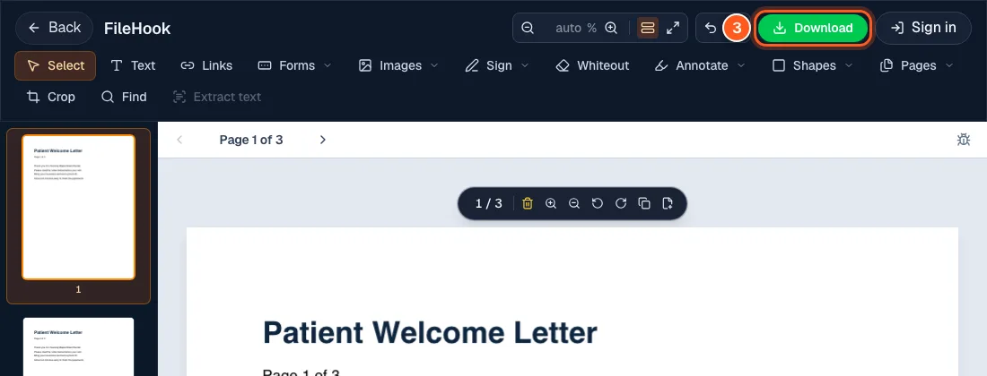The green Download button at the top right of the editor with the number 3.