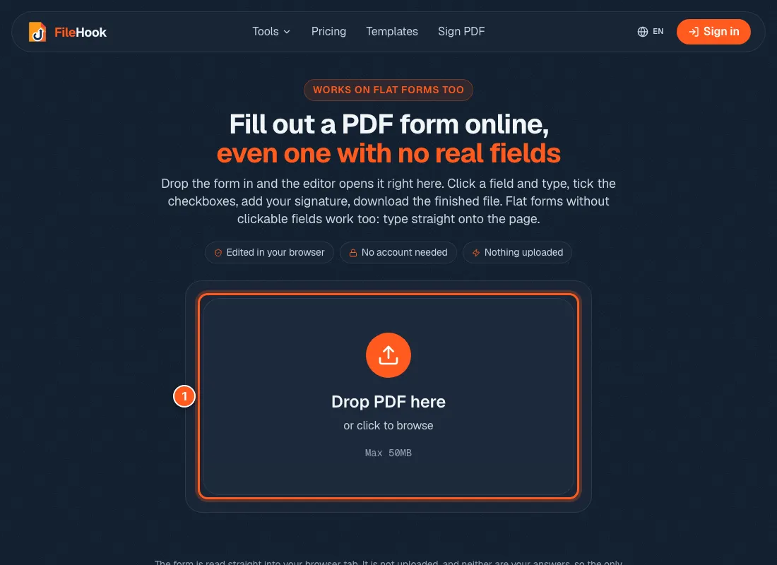 The Fill out a PDF form page with the upload box circled and the number 1.