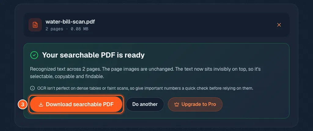 The Your searchable PDF is ready box with the Download searchable PDF button circled and the number 3.