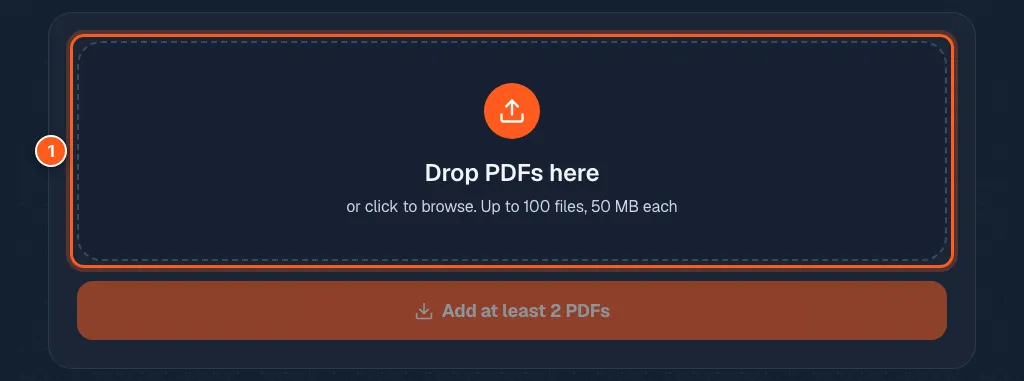 The merge tool upload box circled with the number 1.