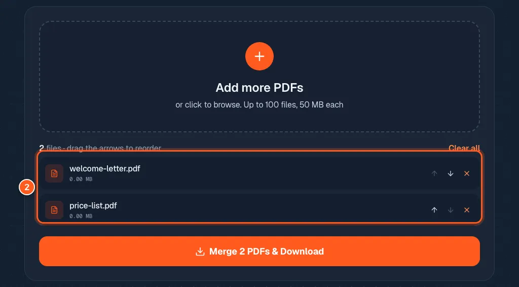 Two files listed in the merge tool with their rows circled and the number 2.