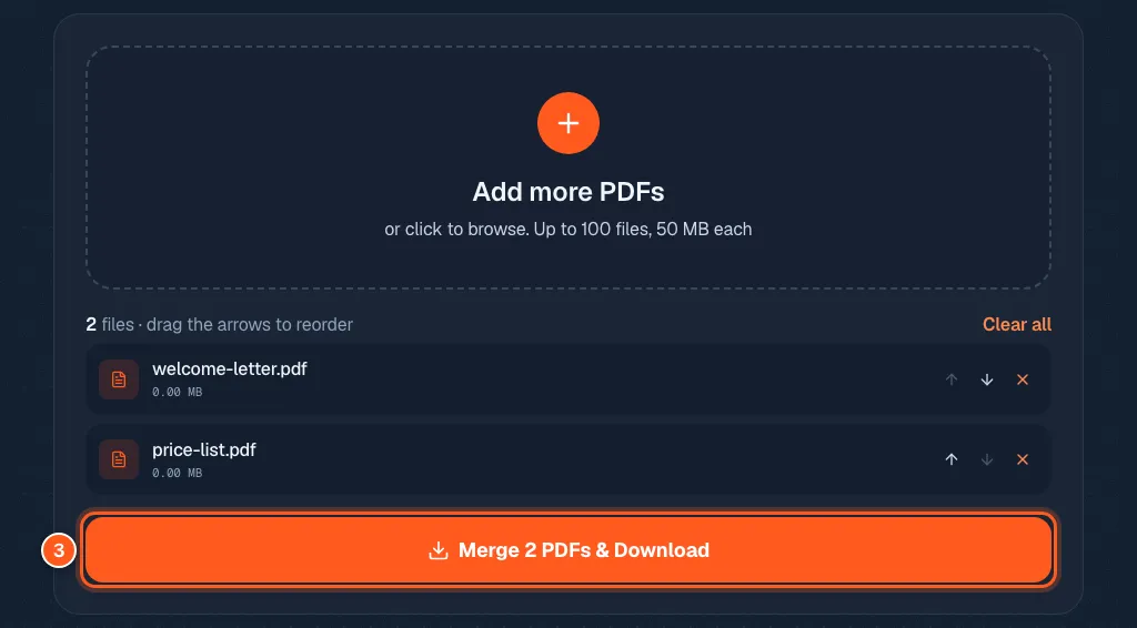 The Merge 2 PDFs and Download button circled with the number 3.