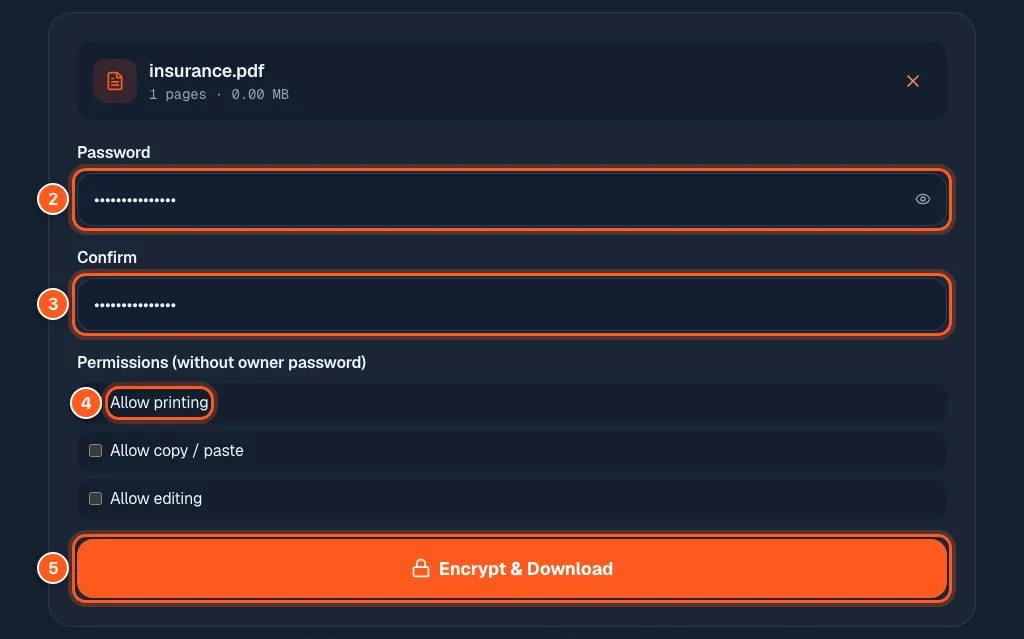 The protect tool with password and confirm boxes, three permission tick boxes, and the Encrypt and Download button, marked with numbers 2 to 5.