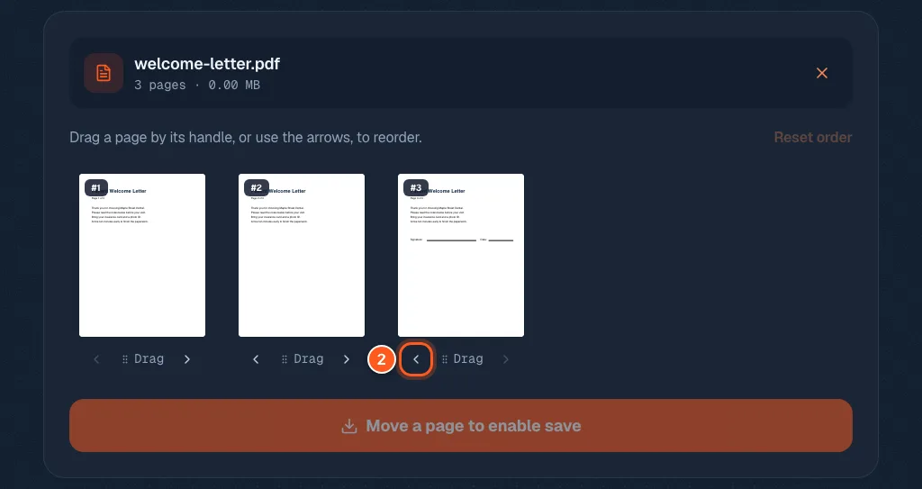 Three page pictures in a row, with the left arrow under page 3 circled with the number 2.