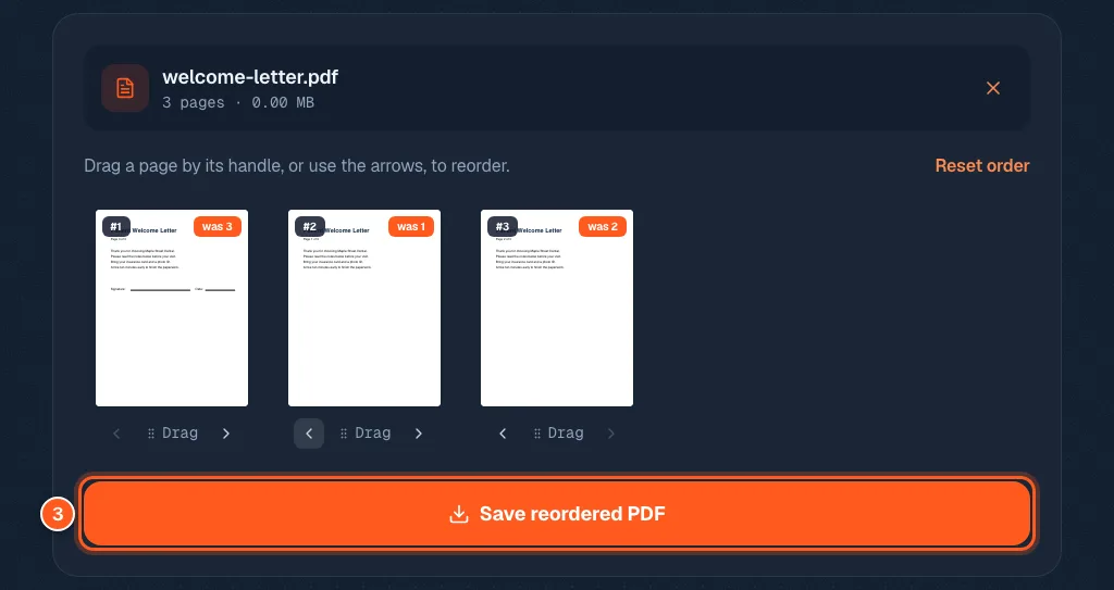 Page pictures after the move, with the save button at the bottom now active and circled with the number 3.
