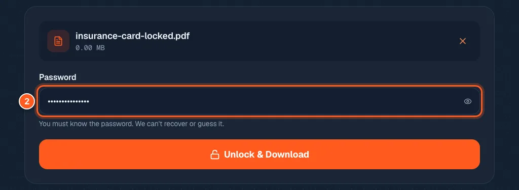 The Password box on the unlock tool filled in and circled with the number 2.