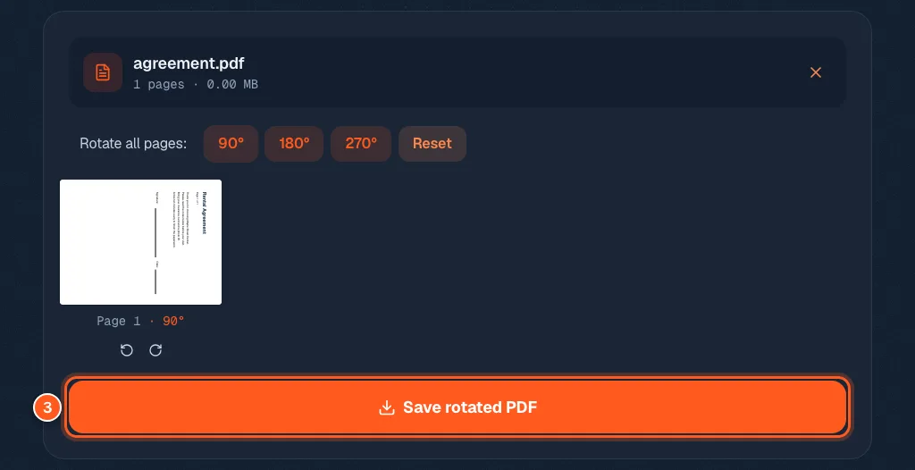 The orange Save rotated PDF button at the bottom of the rotate tool with the number 3.