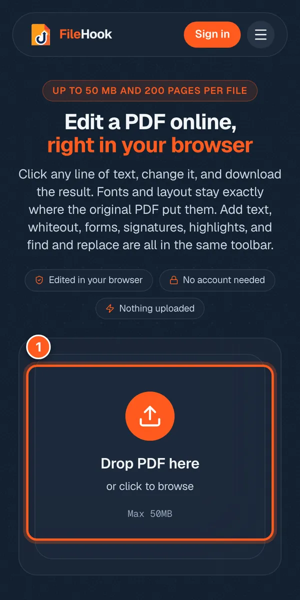 The FileHook upload box on a phone with the drop area circled and the number 1.