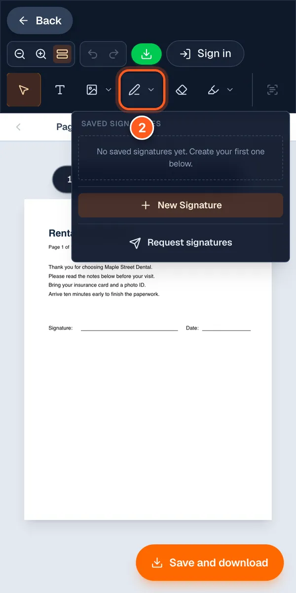 The Sign menu open on a phone with the pen icon circled and the number 2.