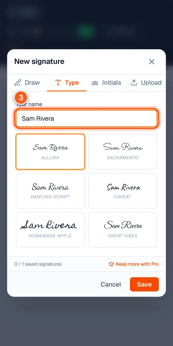 The New signature box on a phone with the name Sam Rivera typed and six style choices.