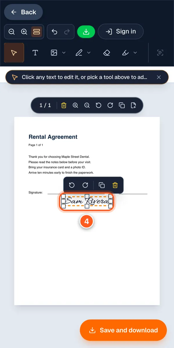 A typed signature sitting on the signature line of a rental agreement, with the number 4.