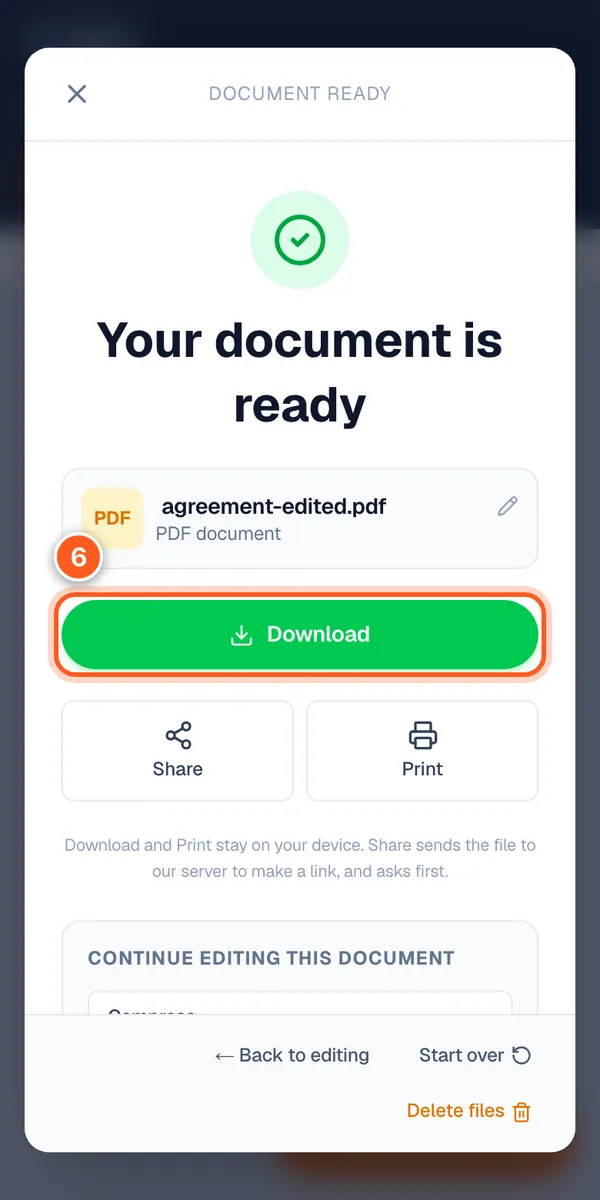 The Your document is ready screen on a phone with the green Download button circled and the number 6.