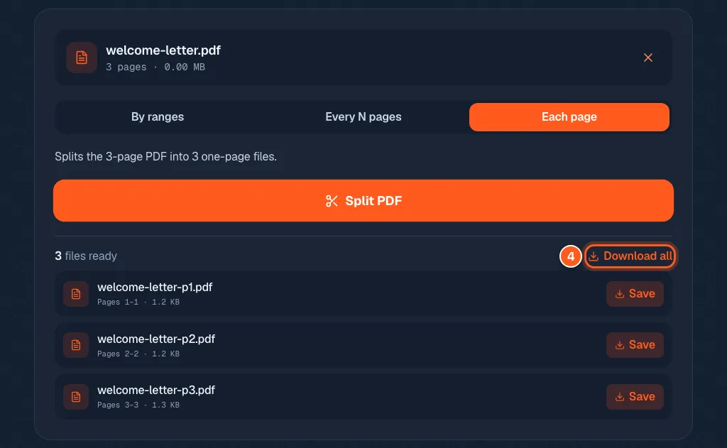 The list of three split files with the Download all button circled and the number 4.