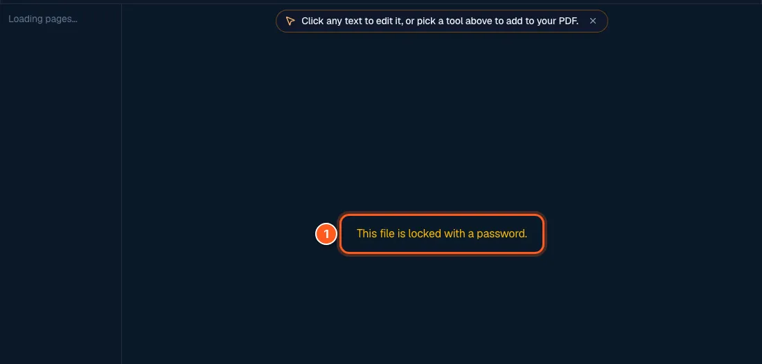 The editor showing the message This file is locked with a password, circled with the number 1.