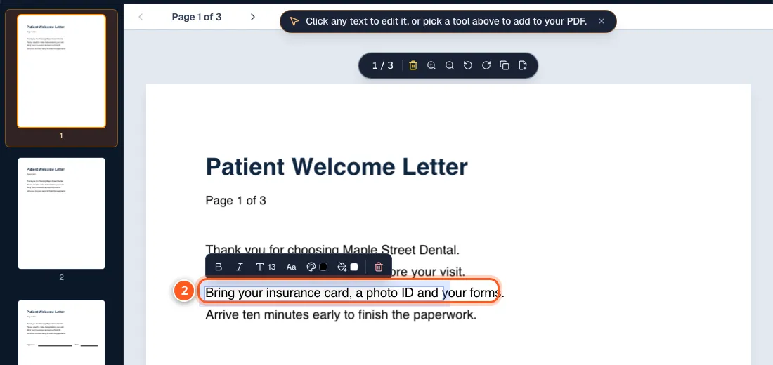 A line of text in the editor being retyped, with a small formatting bar above it and the number 2.