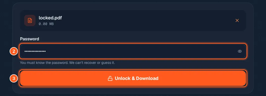 The unlock tool with the password box and the Unlock and Download button marked with numbers 2 and 3.