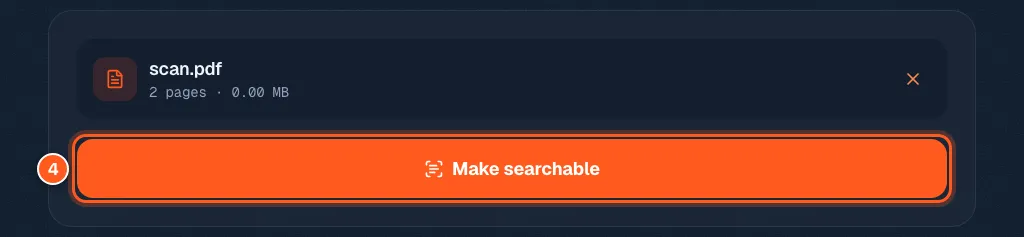 The OCR tool with a scanned file added and the Make searchable button marked with the number 4.