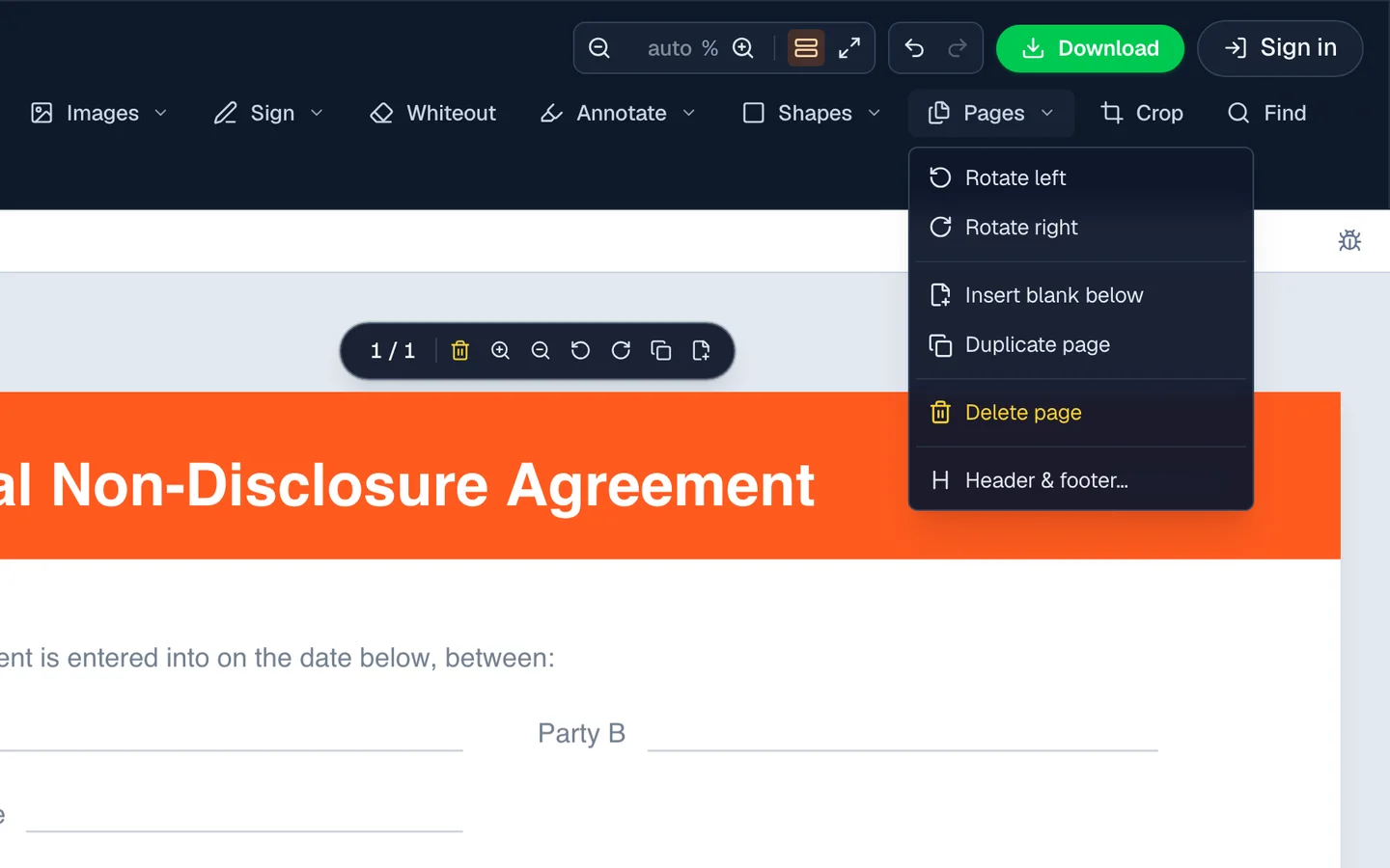 FileHook editor in a browser with the Pages menu open, showing rotate, insert blank, duplicate and delete page