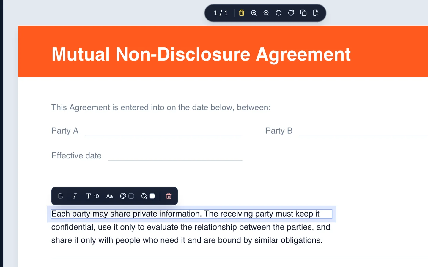 FileHook editor in a browser with one line of a PDF selected and retyped, and the small text bar above it