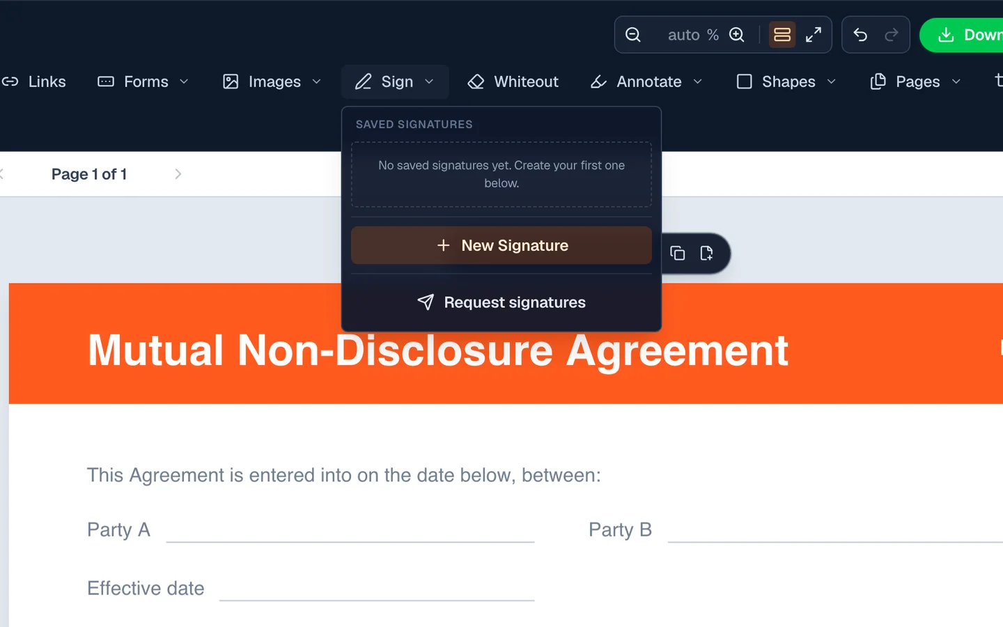 FileHook editor with the Sign menu open, showing New Signature and Request signatures